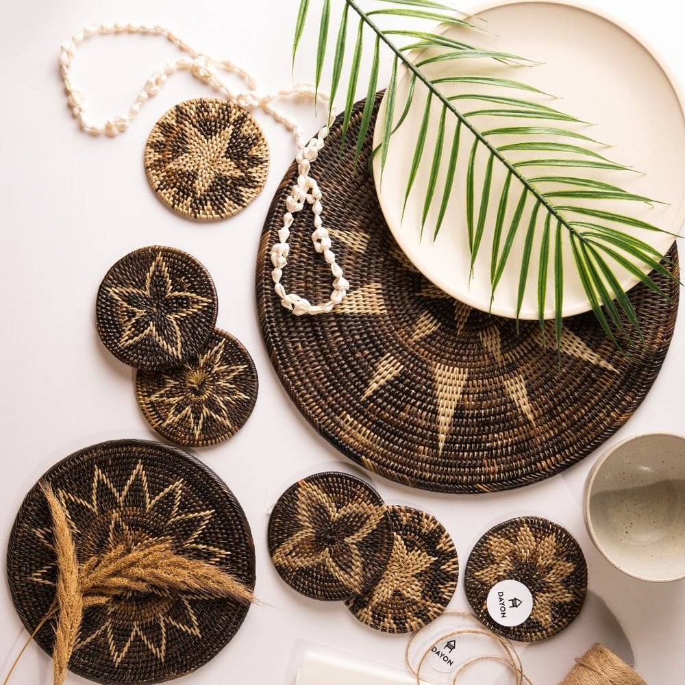 Set of 6-Piece Woven Nito Vine Coaster Set, Rattan Decor, Wicker, Boho